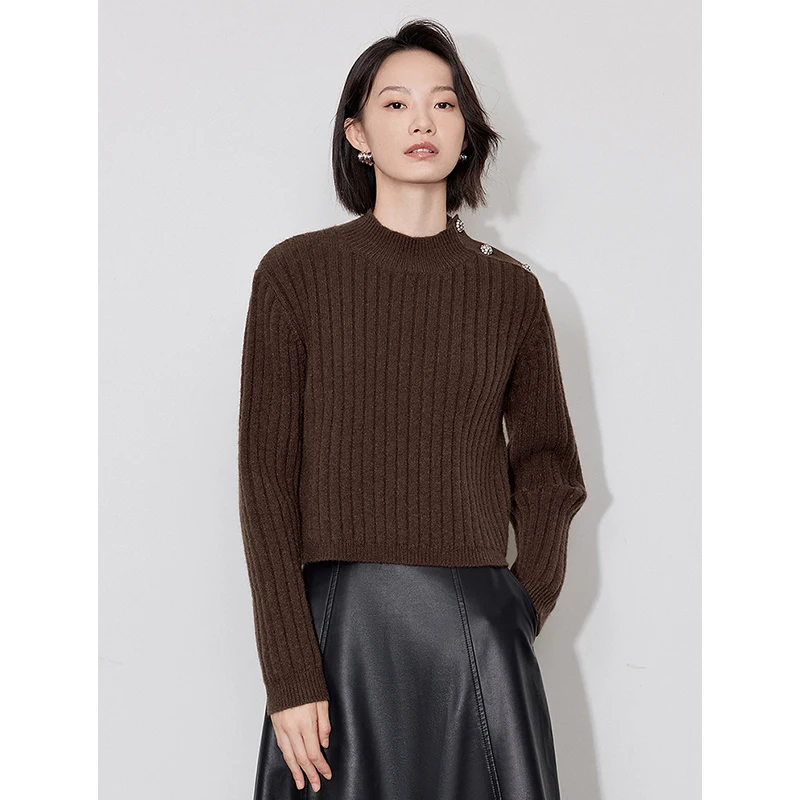 TOYOUTH Women Sweater 2024 Autumn Winter 2024 Turtleneck Long Sleeve Knitted Pullover Sweater Coffee Color