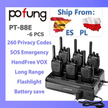 6PCS PMR446 Pofung PT88E 야외 캠핑 하이킹을위한 충전식 6 방향 충전기베이스 LED가있는 휴대용 양방향 워키 토키