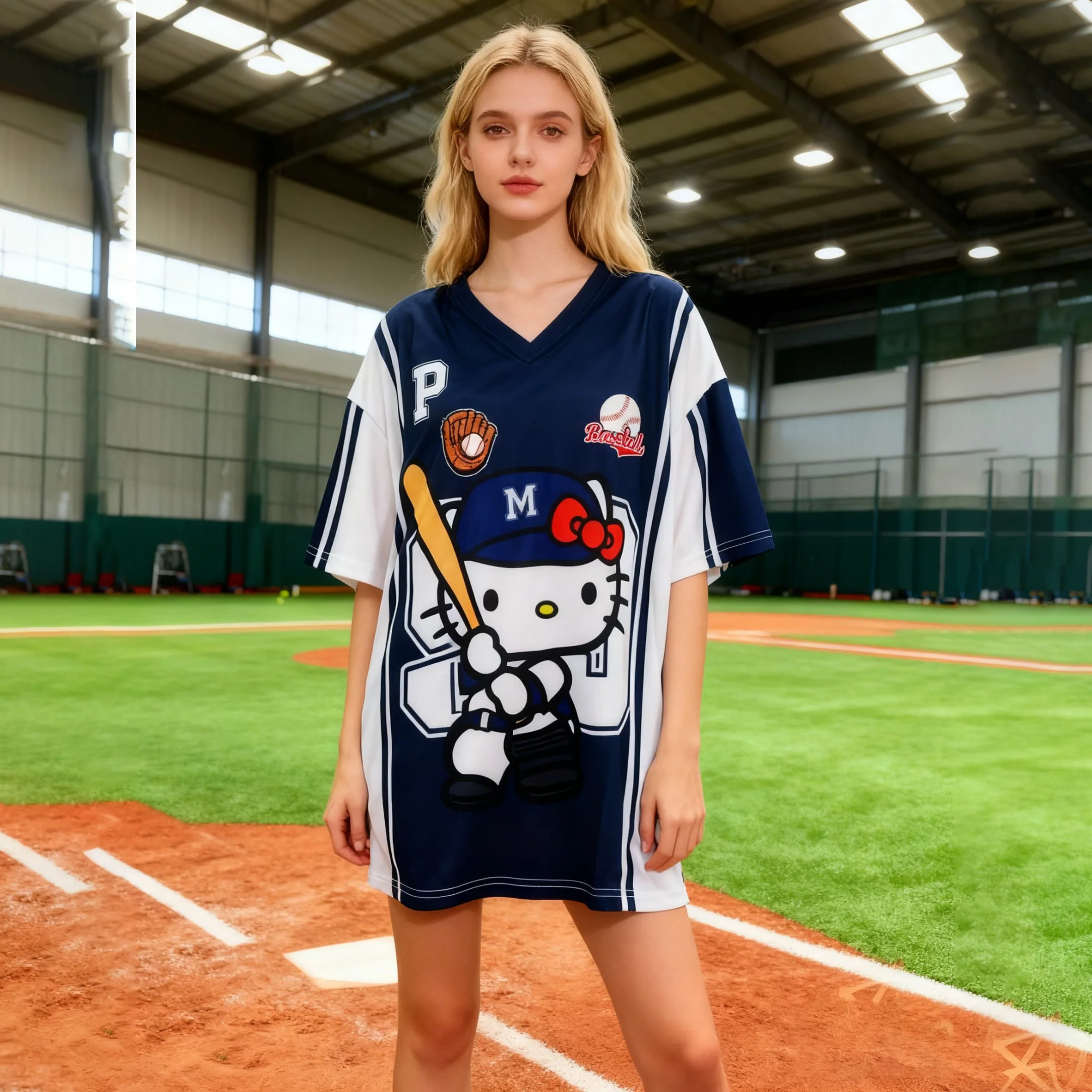 Neuer Stil Hello Kitty Damenmode Street Baseball Shirt Cheerleader Style Kinder Sommer Kurzarm Sport T-Shirt
