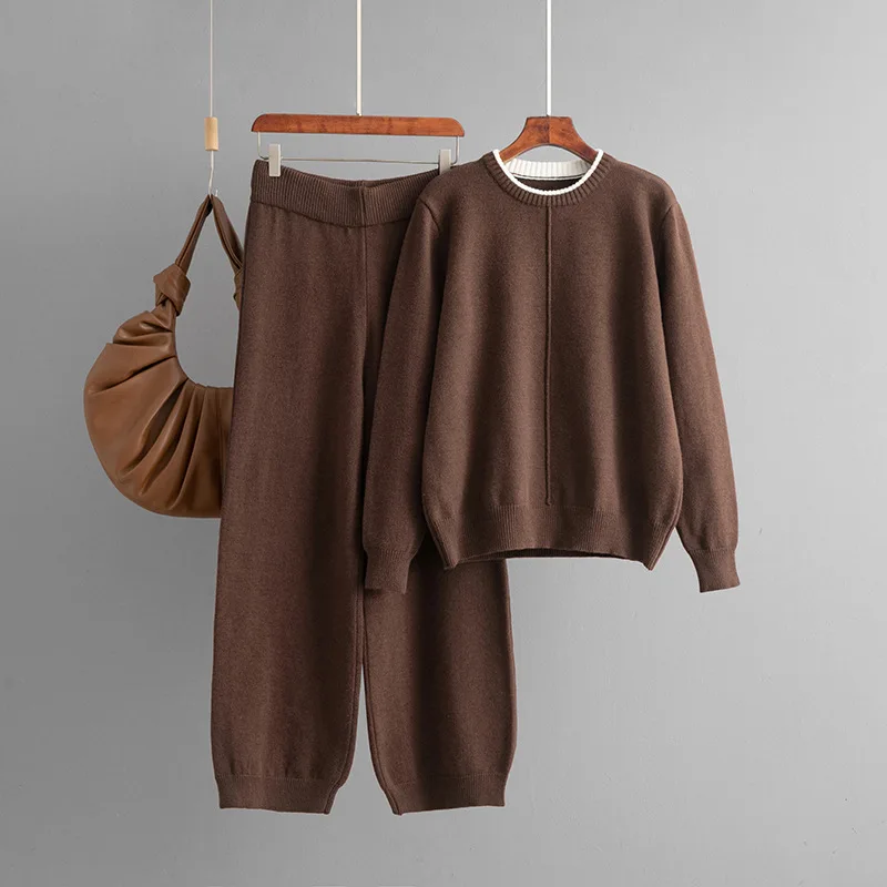 

Women's Casual Knit Two-Piece Outfit Autumn Winter - Round Neck Solid Loose Sweater + Comfortable Pants