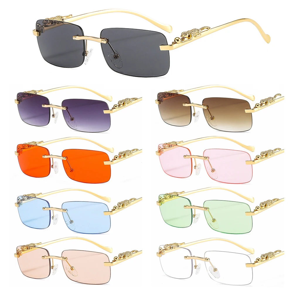 Rimless Rectangle Sunglasses Retro Clear Ocean Lens Sun Glasses Cheetah Decoration Shades Fashion UV400 Eyewear for Women Men