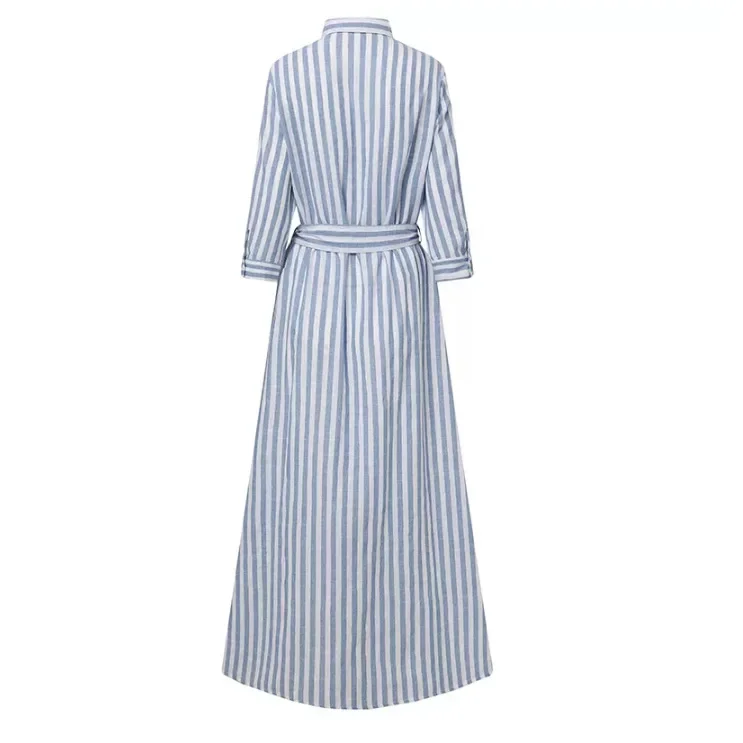 POLO Neck Temperament Women Dress Cotton Hemp Striped Bohemian Seven-point Sleeve Cardigan Dress Abayas Women Commuting Dress