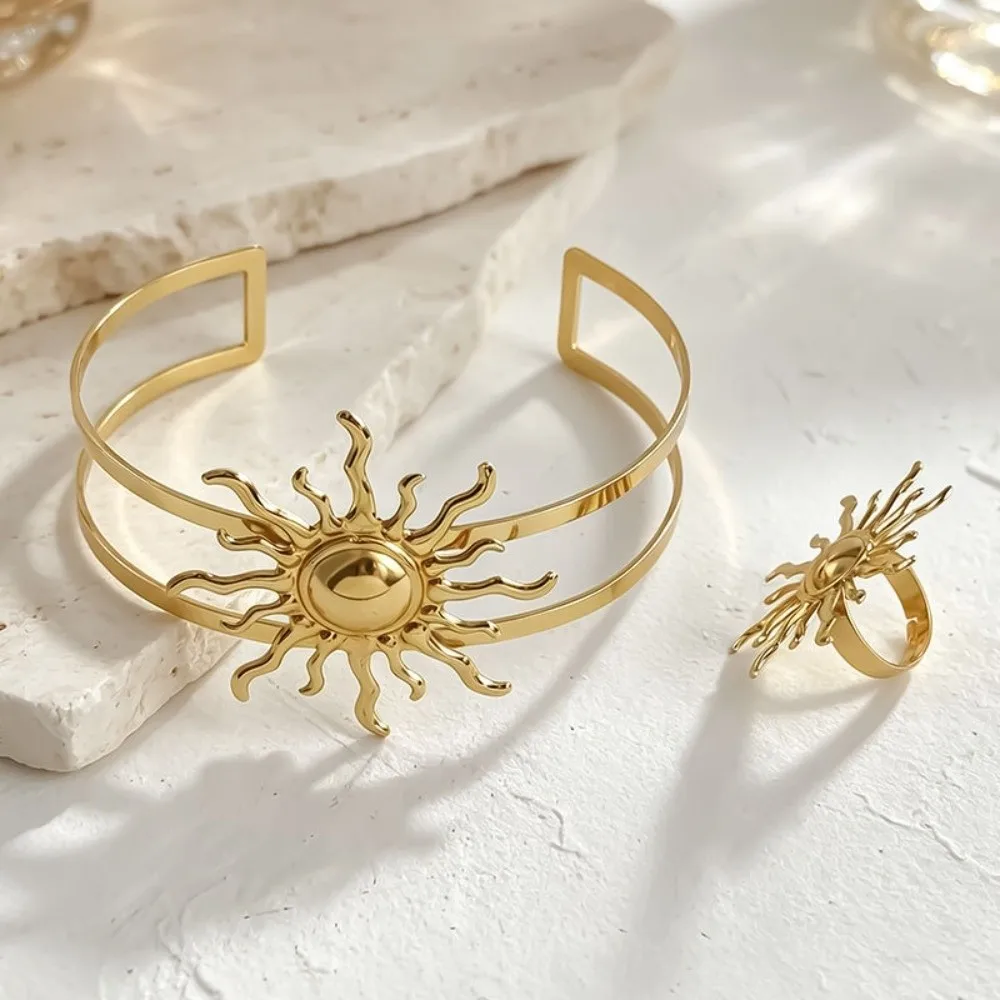 New Sun Upper Arm Cuff Bracelet Adjustable Gold Color Bracelet Ring Set Metal Sunflower Open Cuff Armlet Jewelry