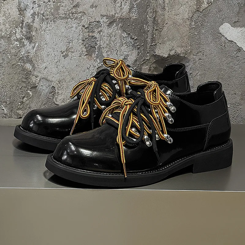 

Men's Thick Soled Derby Shoes Metal Buckle Round Toe Lace-Up Genuine Leather Business Casual Shoes British Style Walking Shoes