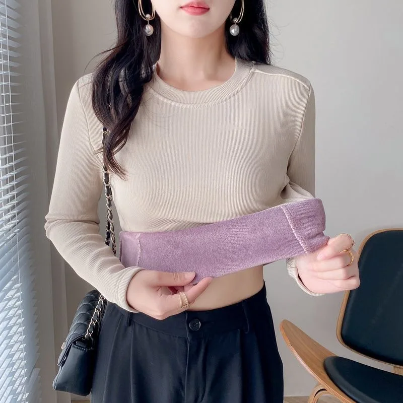 Women Round Neck Fleece Lined Long Sleeve Top Thick Warm Thermal Undershirt Casual Winter T Shirts