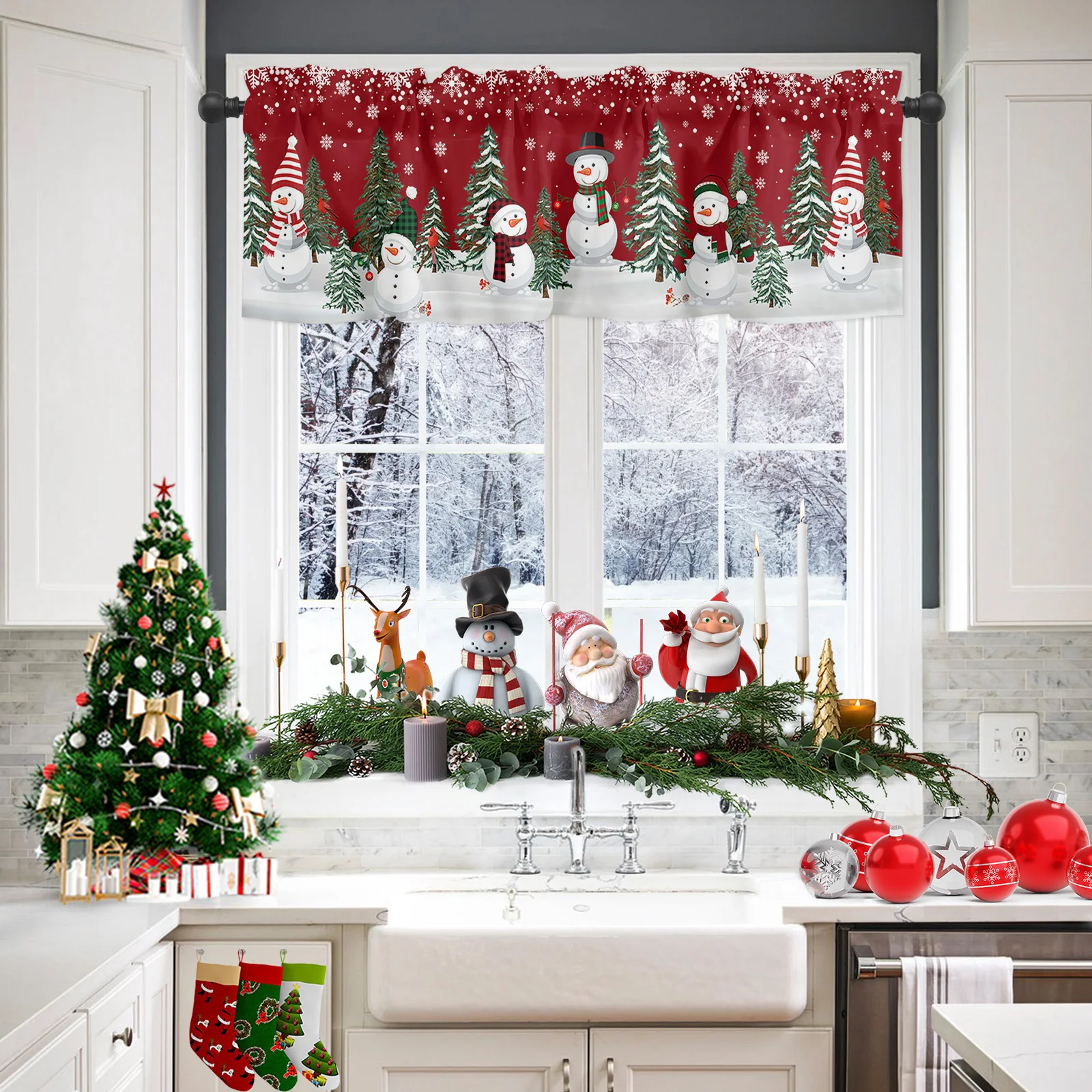 Christmas Snowman Snowflake Red Short Curtains Kitchen Cafe Wine Cabinet Door Window Small Curtains Wardrobe Curtain Home Decor