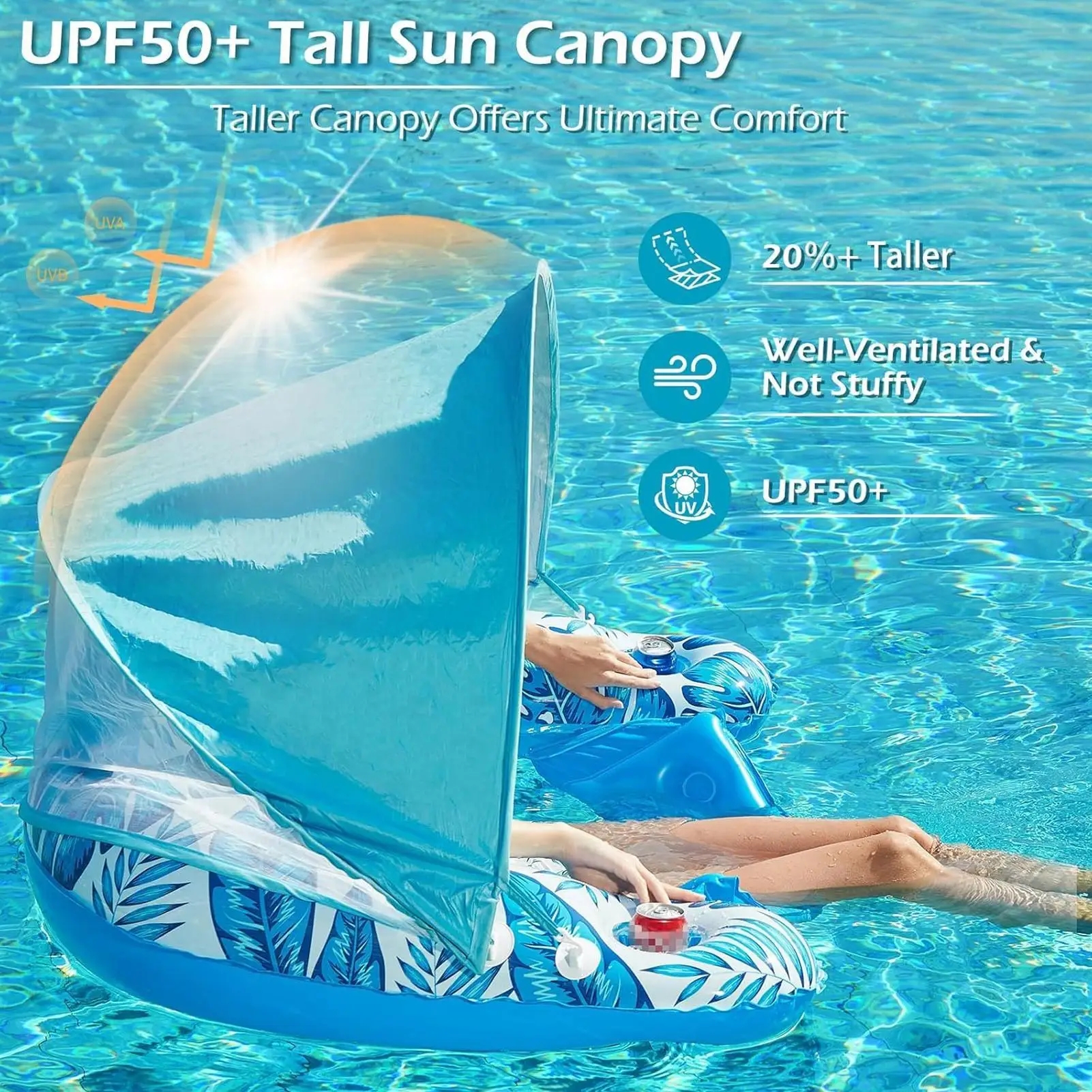 Flotteur de piscine gonflable avec auvent pour adultes, radeau robuste avec support, flotteur d'eau pour la natation, la rivière, la plage et l'extérieur