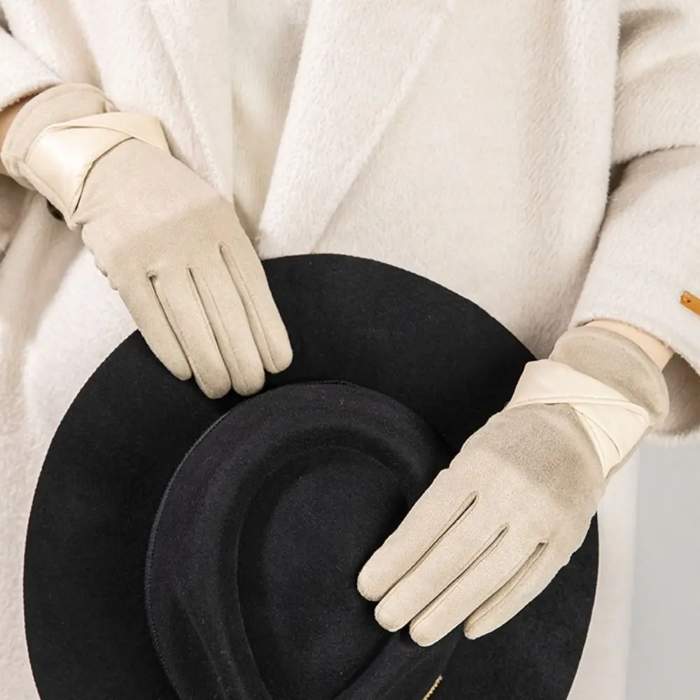 

Cute Velvet Winter Suede Gloves Soft Windproof Pu Leather Gloves Solid Color Thick Women Cycling Mittens Autumn