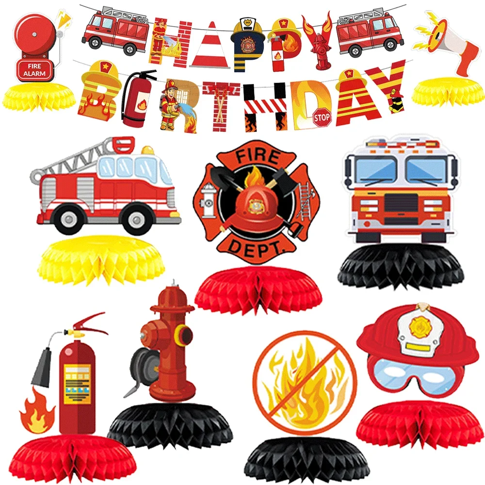 

1set Firefighter Birthday Party Table Decoration & Accessories Banner Fire Theme Honeycomb Centerpieces Fire Truck Extinguisher