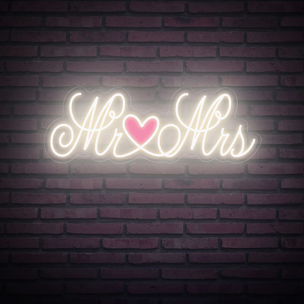 Mr & Mrs Neon Sign UV Printed Heart Acrylic Sign Neon Custom Wedding Party Decor Sign Bedroom Home Room Decoration Neon Light