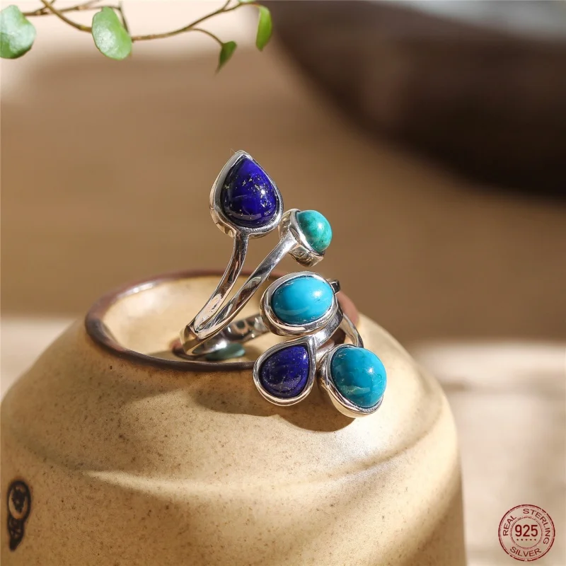 

S925 Pure Silver Inlaid With Natural Lapis Lazuli Phoenix Stone Ring Women's French Retro Fashion High-end Jewelry