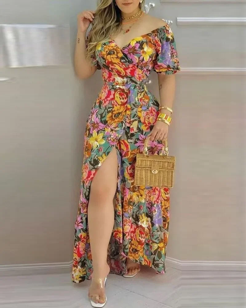 

Mulheres Outgoing Play Dress Floral Print Split Thigh Belted Wrap Maxi Dress 2024 Spring Slit V-Neck Short Sleep Vacation Dress