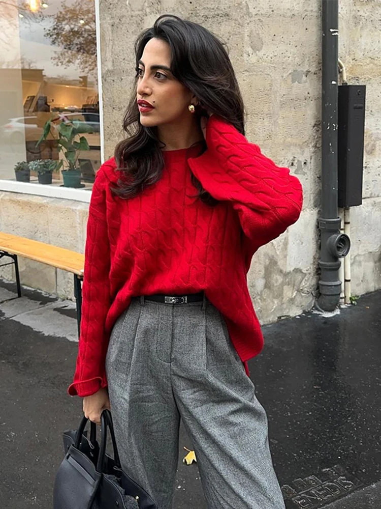 

Casual Retro Red Pullover Sweater Women Loose Long Sleeve O-neck Side Slit Sweater Female Autumn Classic All-matching Pullovers