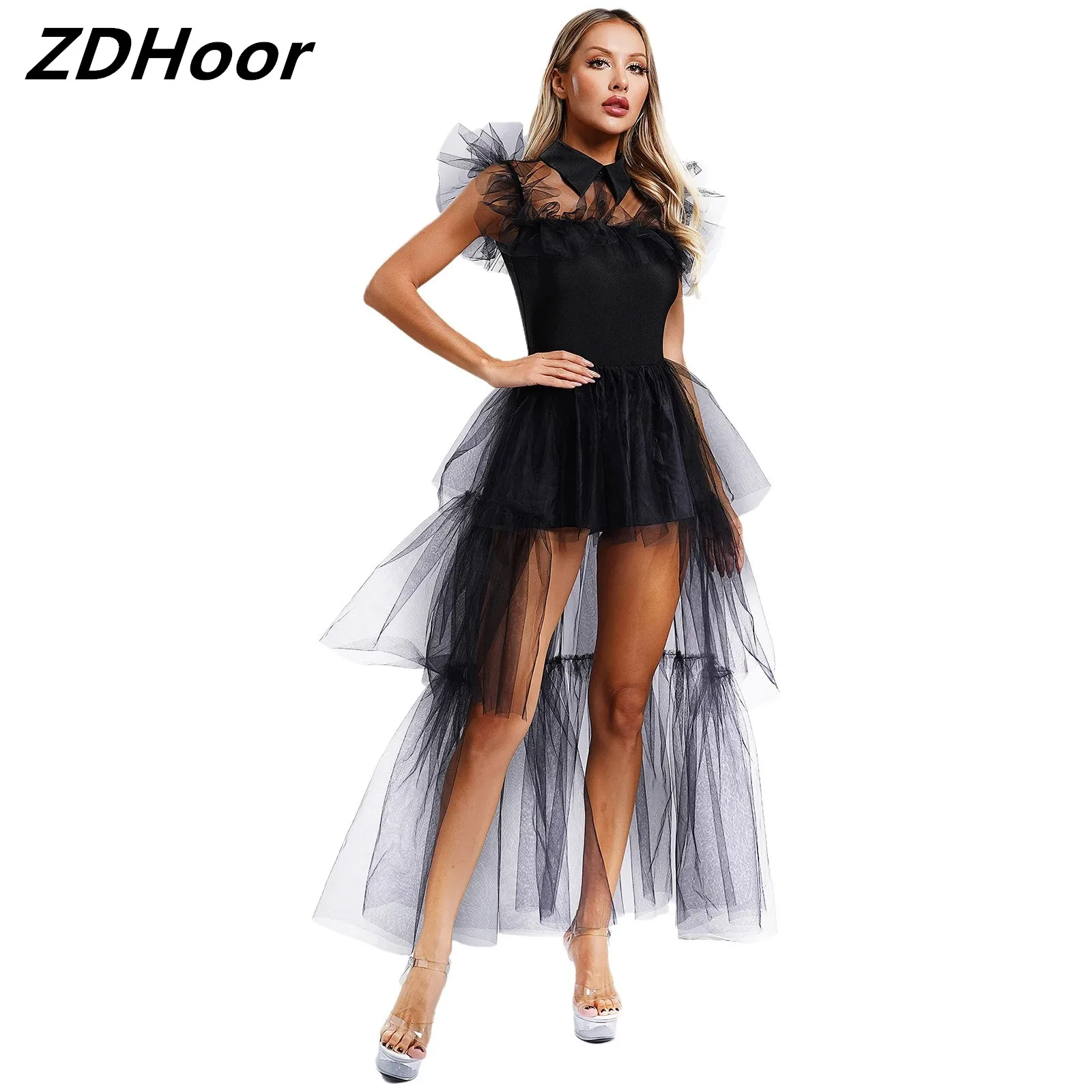 Womens Ruffled Tulle Dress Halloween Cosplay Overlay Tiered Dress with Waist Belt Lapel Fly Sleeve Multi-layer Party Costume