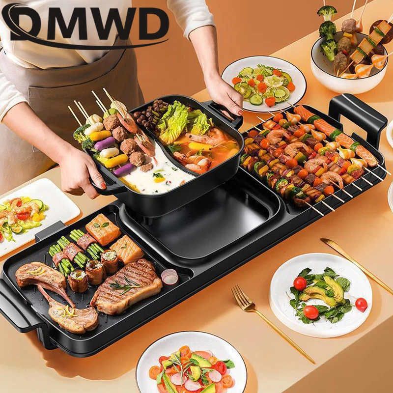 DMWD Electric Grill Multifunctional Hotpot & BBQ Integrated Pot Shabu Grilling Grills Smokeless Frying Pan Barbecue Baking Tray