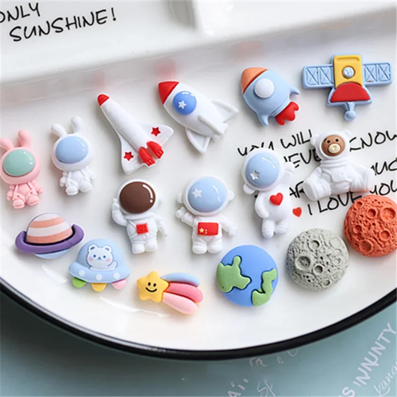 15Pcs Cartoon Astronaut Series Flat back Resin Cabochon Earth Rocket Scrapbooking Craft DIY Hair Accessories Phone Decoration