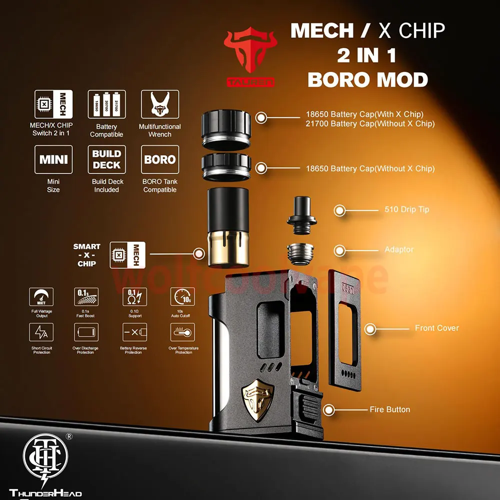 

ThunderHead Creations Tauren Full Mech Boro Mod / X Chip 1 x 18650 / 20700 / 20700 vs SXK BB / Billet Box Mod Kit / Boro