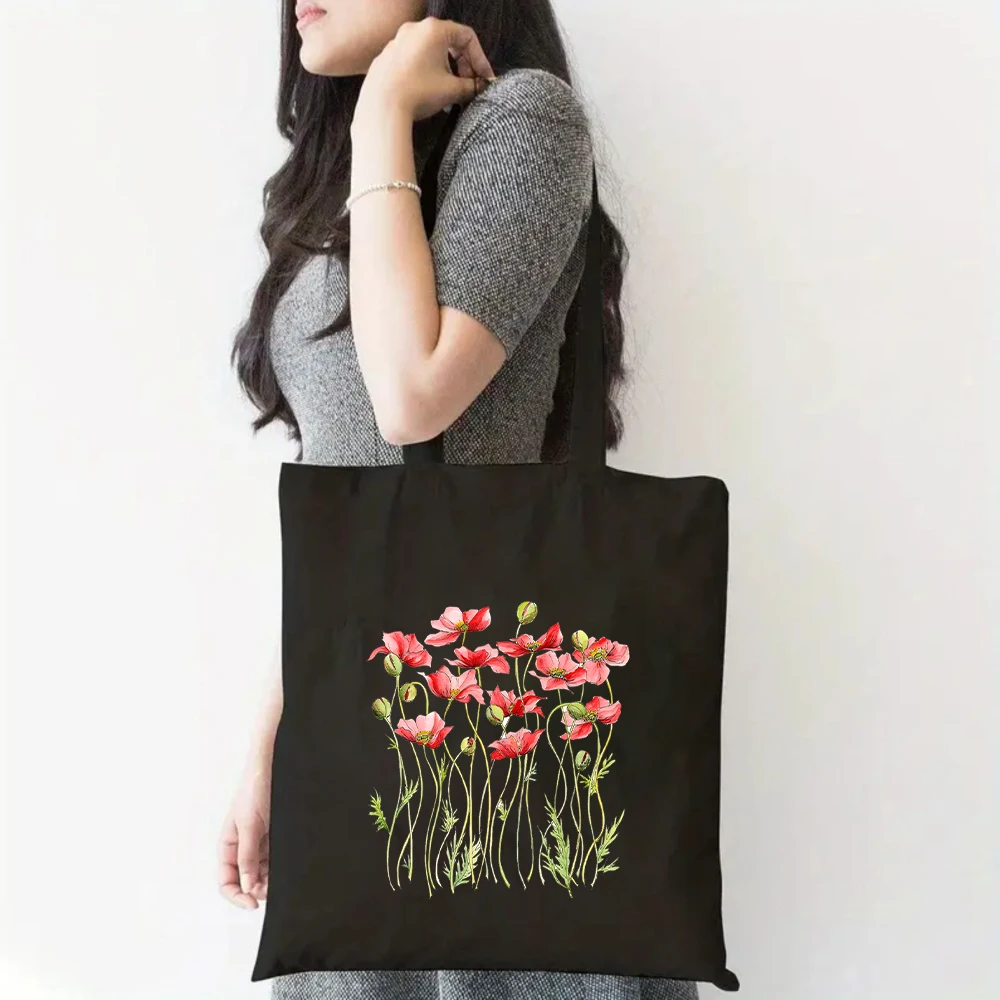 

Boho Flowers Print Canvas Tote Bag Black Casual Shoulder Bag with Watercolor Floral Design for Shopping Daily Outings