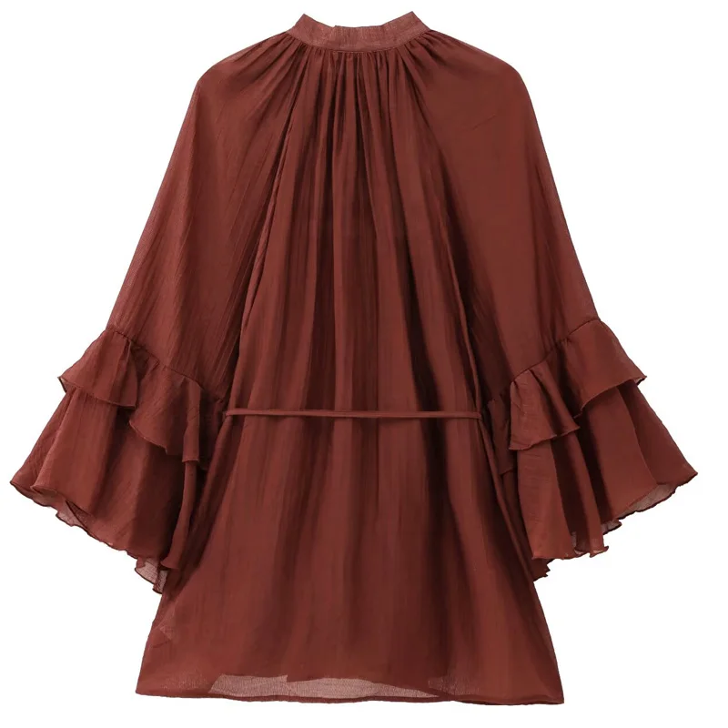 Hxao vestidos femininos com babados, verão 2025, laranja, renda, vestidos curtos, mini camadas, gola redonda, manga comprida, vestidos casuais 066