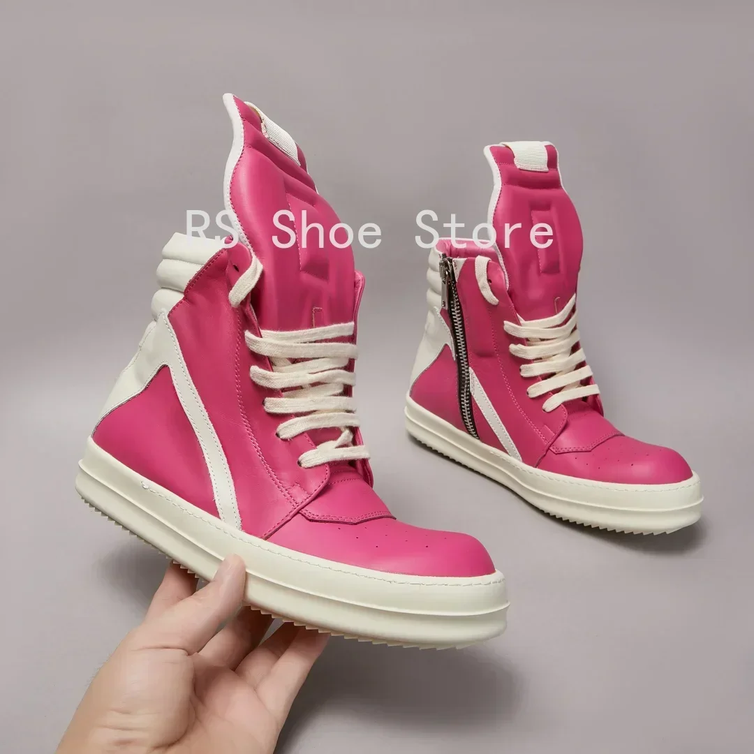 

Ro Men Shoe Rose Pink Leather Ankle Boot Outoor Boots High Top Casual Shoe Zipper Women Sneaker Cowhide Sneakers