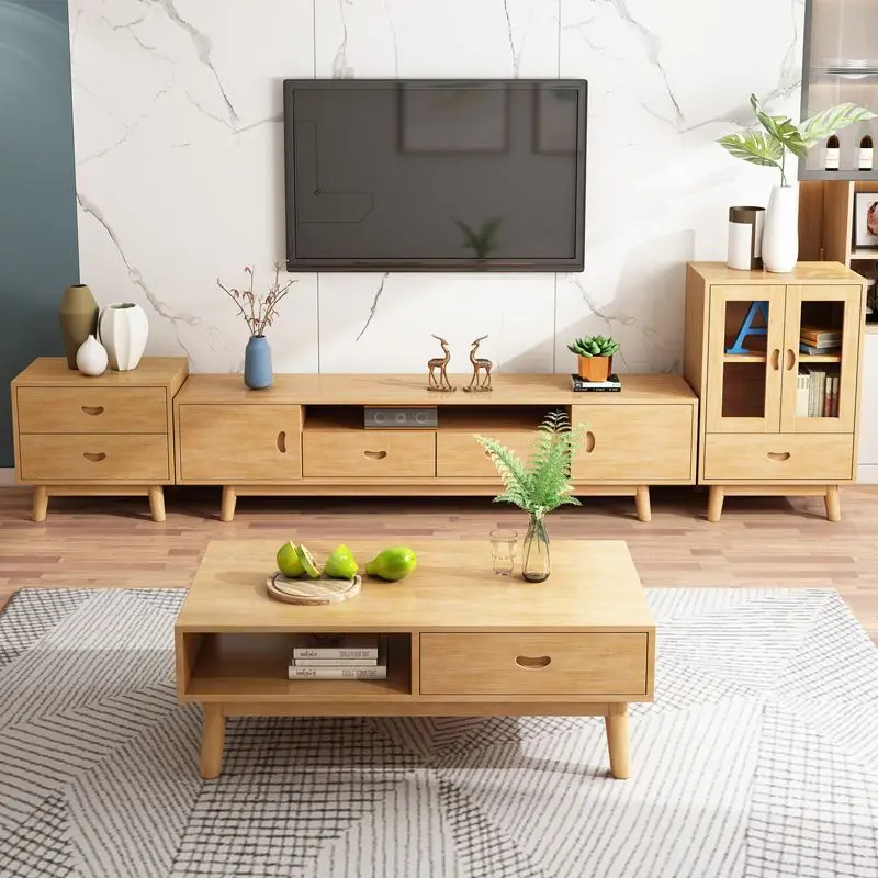 Solid wood TV living room bedroom household log coffee table floor cabinet high and low cabinet group