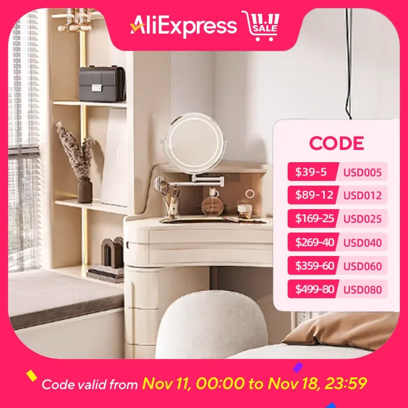 

Outlet Nordic Glass Vanity Table Storage Mirror Lights Stool Drawers Girl Dressers Makeup Cabinet Luxury Penteadeira Furniture
