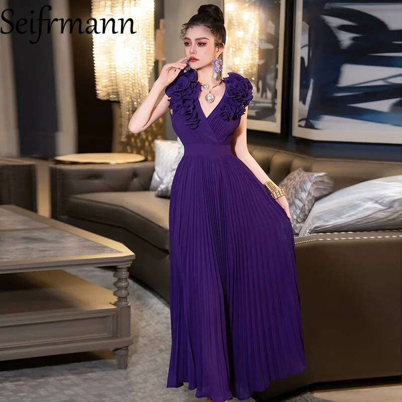 Seifrmann ソリッドノースリーブアップリケロングドレス V ネックハイウエストプリーツデザイン女性のパーティーイブニングドレス