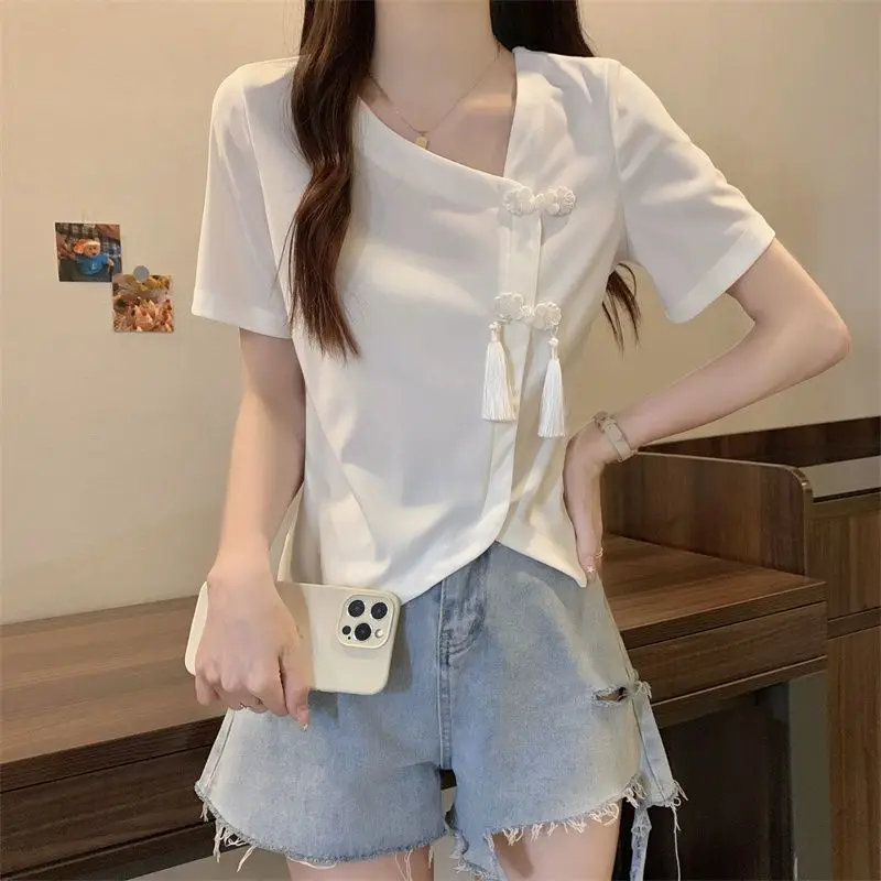 Women Summer Chinese Style Simplicity Loose Frog Solid Color V-neck Short Sleeve T-Shirt Women Clothes Casual All-match Top Tee