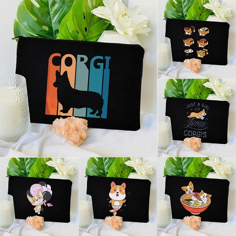 

Cute Corgi Pet Illustration Canvas Cosmetic Cases Travel Organizer Wallet Lipstick Bag Vanity Woman Toiletry Bag Women Necesser