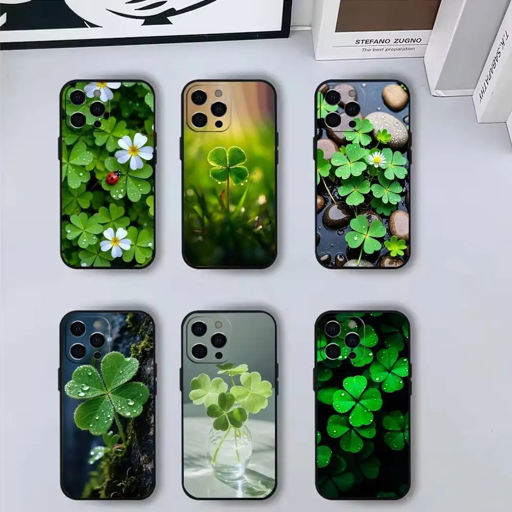 

Clover Plant Four Leaf Phone Case For iPhone17,16,15,14,13,12,11 Plus,Pro Max Soft Black Cover