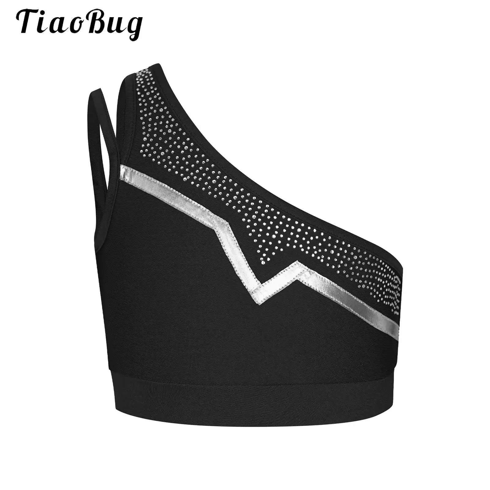 

Kids Girls Sleeveless One Shoulder Dance Tops Metallic Trim Shiny Rhinestones Gymnastics Vest Stage Performance Tank Top