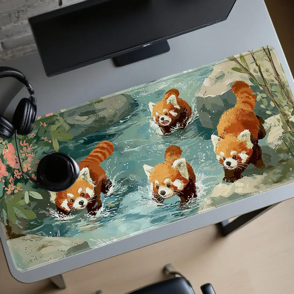 Four Red Pandas Playing in Stream XXL Desk Pad Durable Rubber Gaming Mouse Pad for Office Setup