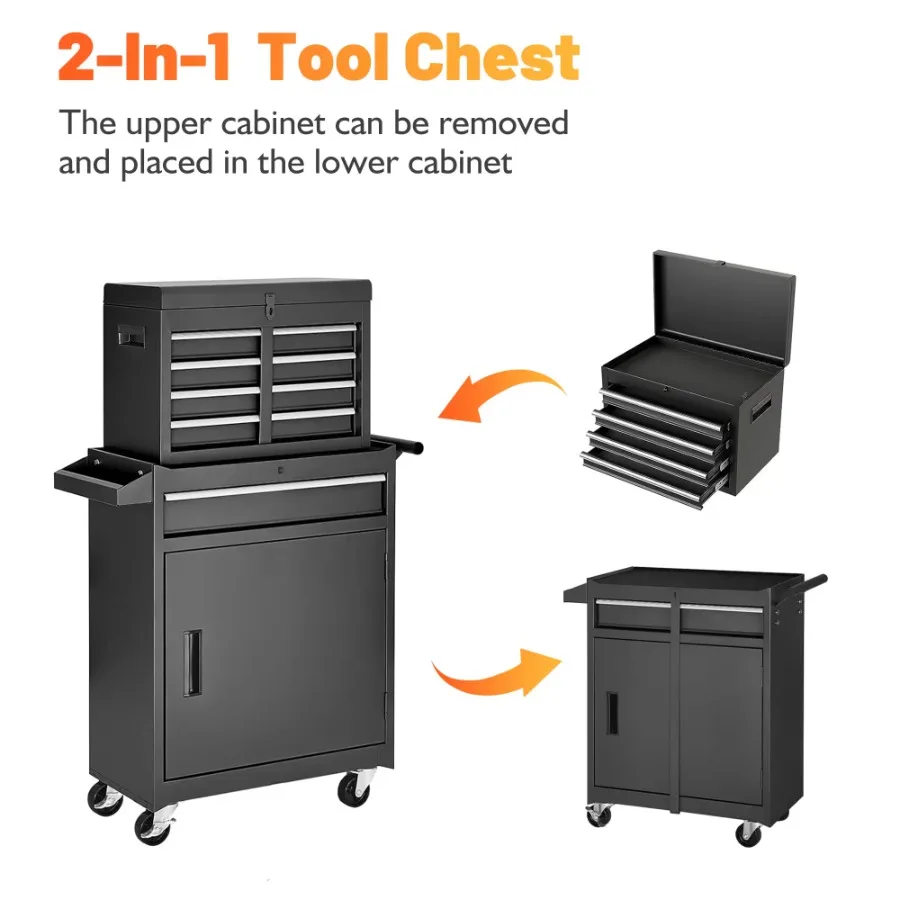 Tool Chest 5-Drawer Rolling Tool Storage Cabinet With Detachable Top Tool Box Liner Universal Lockable Wheels Adjustable Shelf