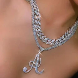 Luxury Shine A-Z Cursive Initial Letters Name Pendant Necklace for Women Iced Out Cubic Zirconia Chain Hip Hop Necklaces Jewelry