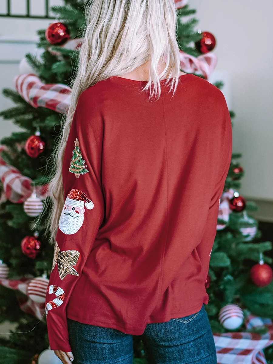 Women Christmas Tops Reindeer Print Round Neck Long Sleeve Loose Fit Casual T-Shirts with Sequins Embellishment