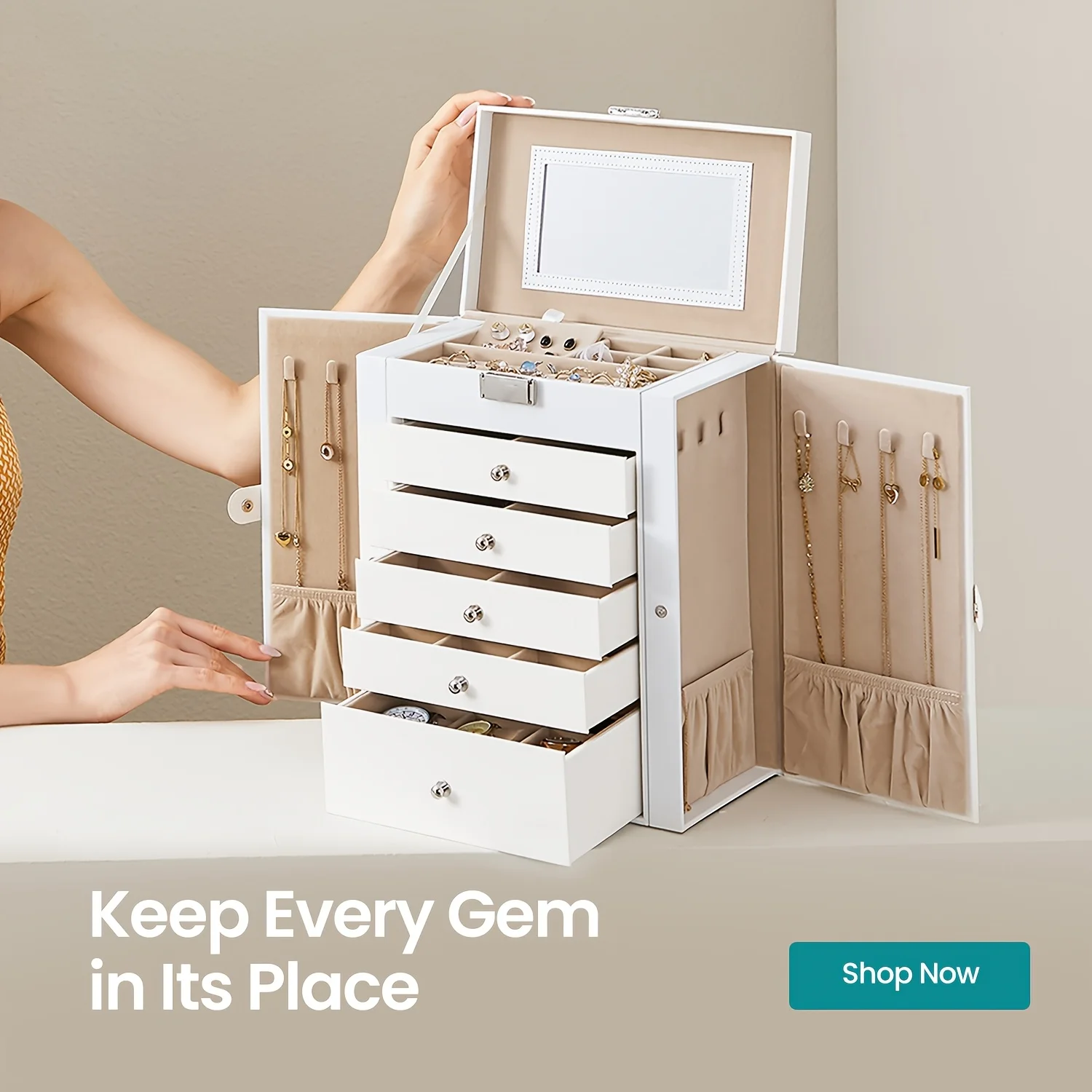 

Jewelry Organizer with Six Levels, Featuring Five Drawers, Ample Storage Space, a Mirror, And a Lock, Perfect As a Gift for Some