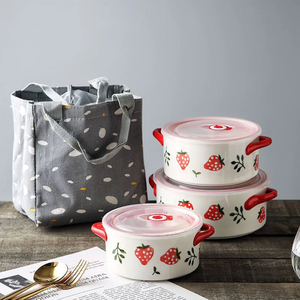 

Strawberry Preservation Bowl Double Handle Ceramic Microwave Oven Safe Soup Salad Bowl Compact Bento Food Storage for Daily Use