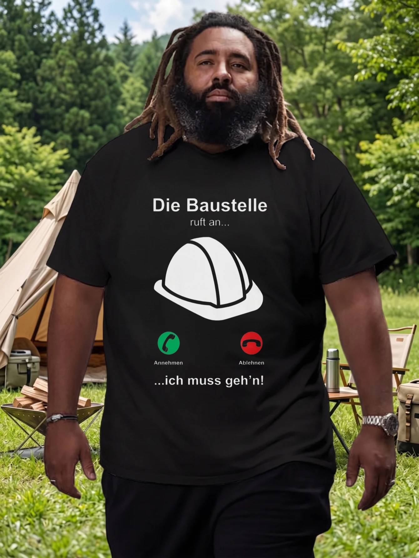 1 pièce T-shirt 100% Coton Unisexe Homme Femme, Col Rond Manches Courtes, Imprimé motifs 'Die Baustelle Ruft An Ich Muss Gehn Helmet Call Icons', Grande Taille, Confortable, Vêtement Décontracté, Lavable en machine