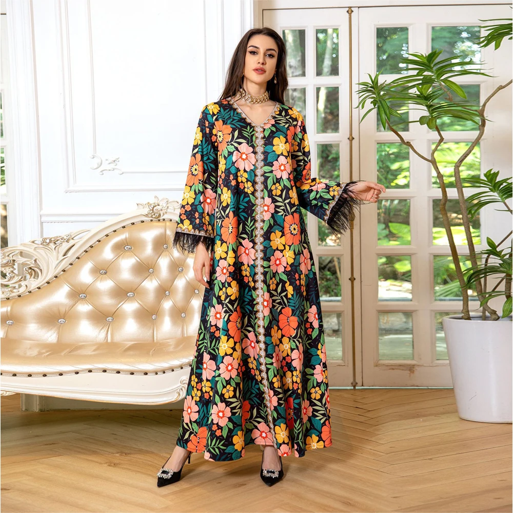 Uni Fashion Floral Print Diamonds Feathers Long Sleeve Abaya Dubai Turkey Muslim Islam Saudi Arabia Kebaya Robe Dress