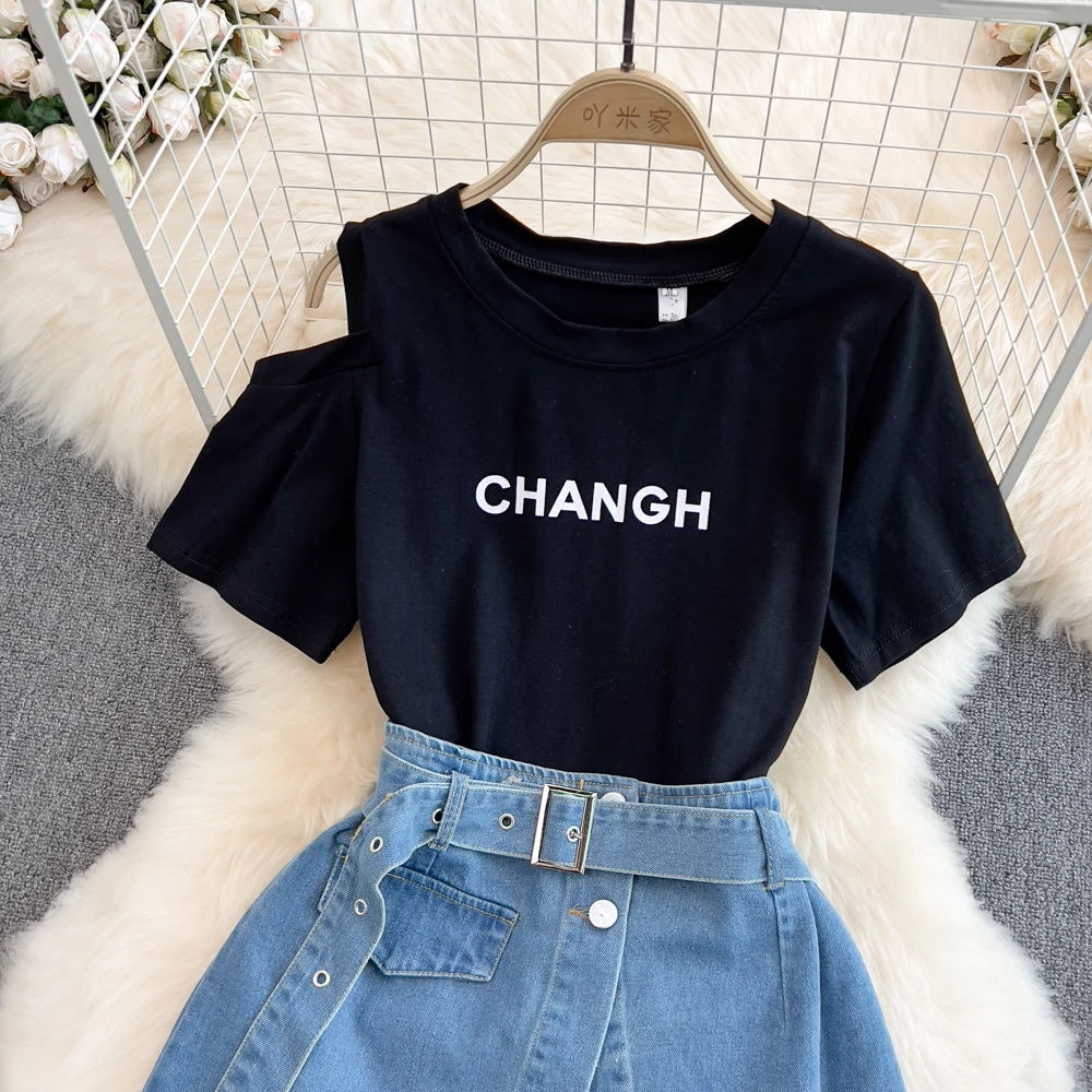 Off The Shoulder TShirt Denim Skirt Set Women Round Neck Letter Print Long Tee High Waist Jean Skirt 2Piece Set Female