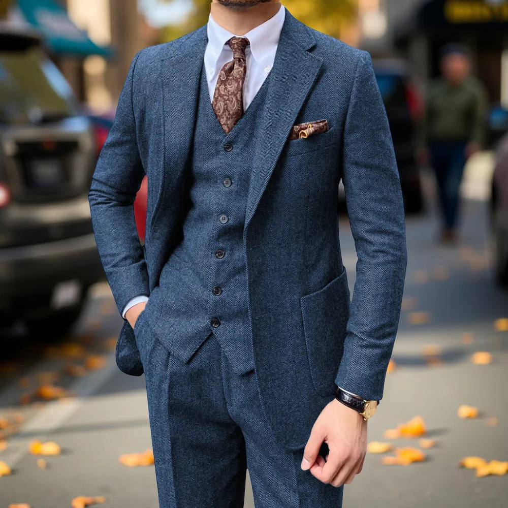 

3-х предметный твидовый свадебный костюм для мужчин, смокинги для выпускного вечера, елочка, пик с лацканами, деловой приталенный мужской модный костюм, комплект, куртка, брюки, жилет