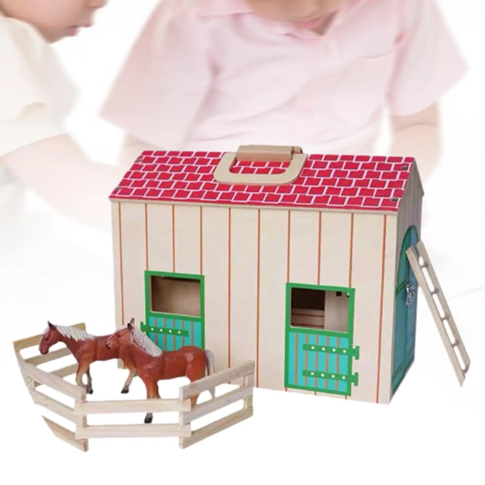 Stable Farm House Model Micro Landscape Building Toy with Toy Horses Toy Horse Figures Barn Play Set Wooden Stable Playset