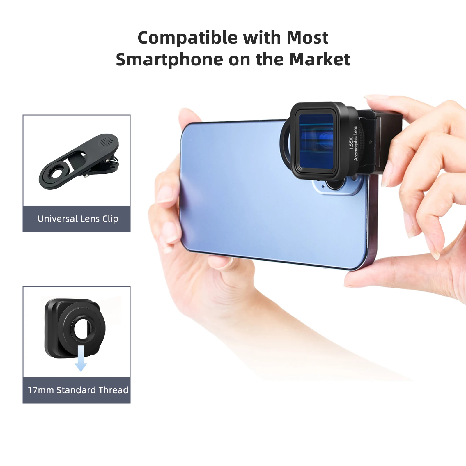 Mobile Phone Anamorphic Movie Lens 1.55X Deformation Filmmaking Lens Phone Moive Lens with Universal Lens Clips Carry Bag