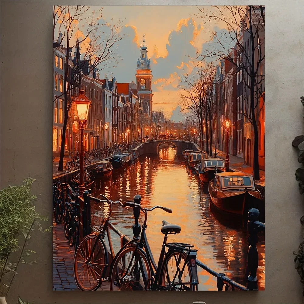 1pc Frameless Home Decor Canvas Poster (No frame)1pc, [2D Flat] with Frame, 12x16inch Amsterdam Canal Sunset Bicycles Window Vie