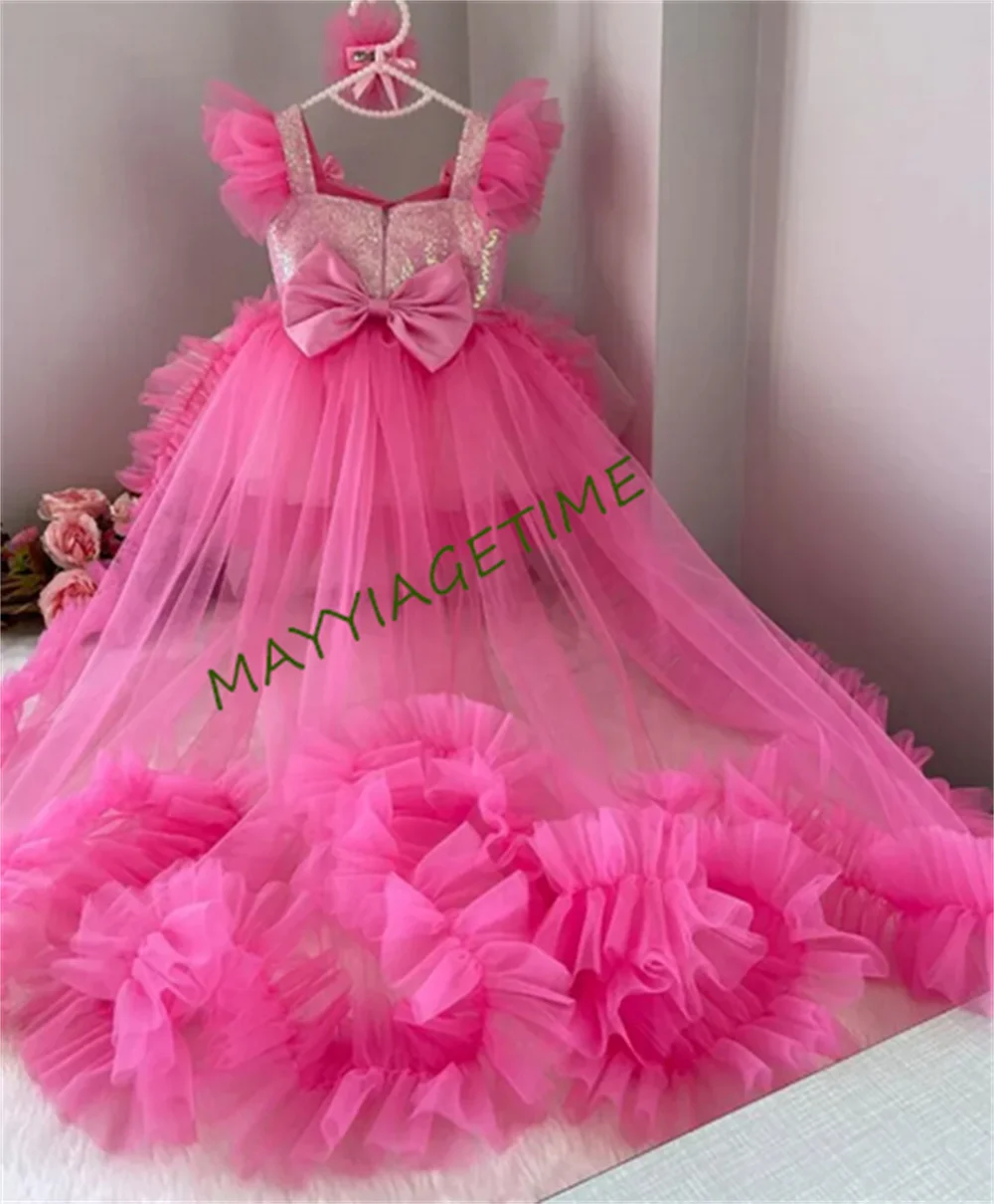 Fluffy Baby Girl Dress with Long Detachable Train Little Princess Hot Pink Birthday Gown Flower Girl Dress Child 12M-14T