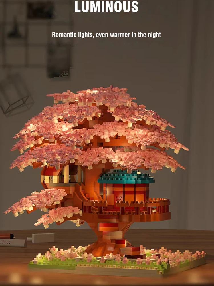 DIY Sakura Boom Bouwstenen Set Diy Kersenbloesem Bakstenen met Licht Boomhut Model Ornament Romantisch Cadeau voor vriendin - afbeelding 2