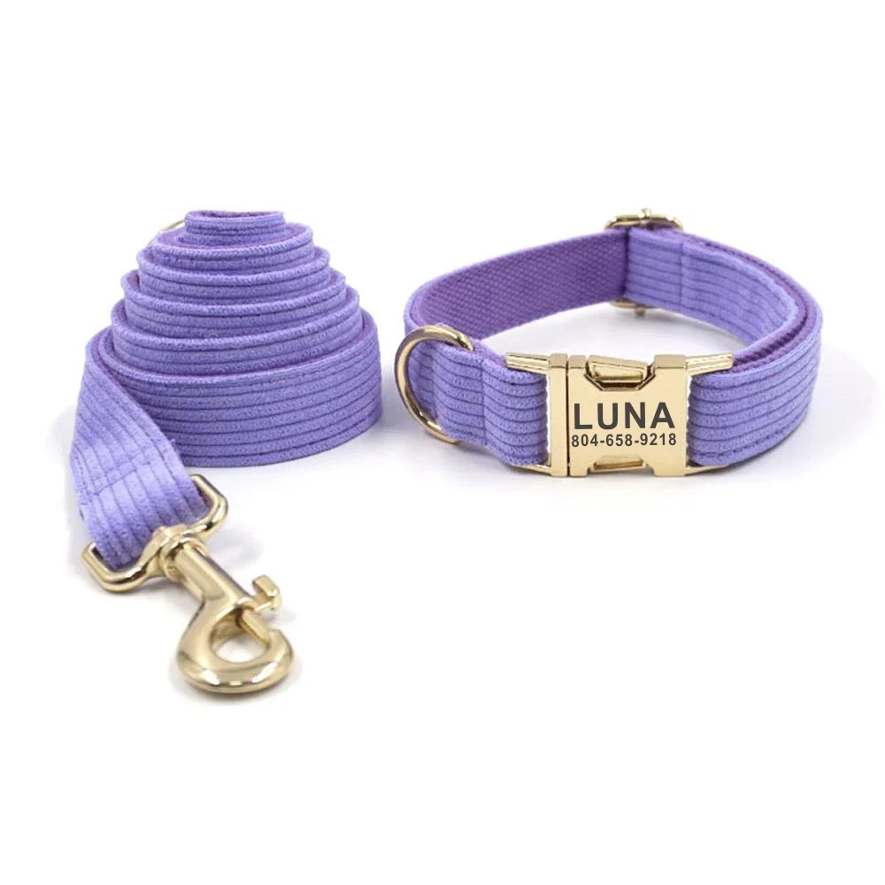 

Personalized Dog Collar Custom Pet Collar Free Engraving ID Name Tag Pet Accessory Purple Thick Fiber Puppy Collar Leash