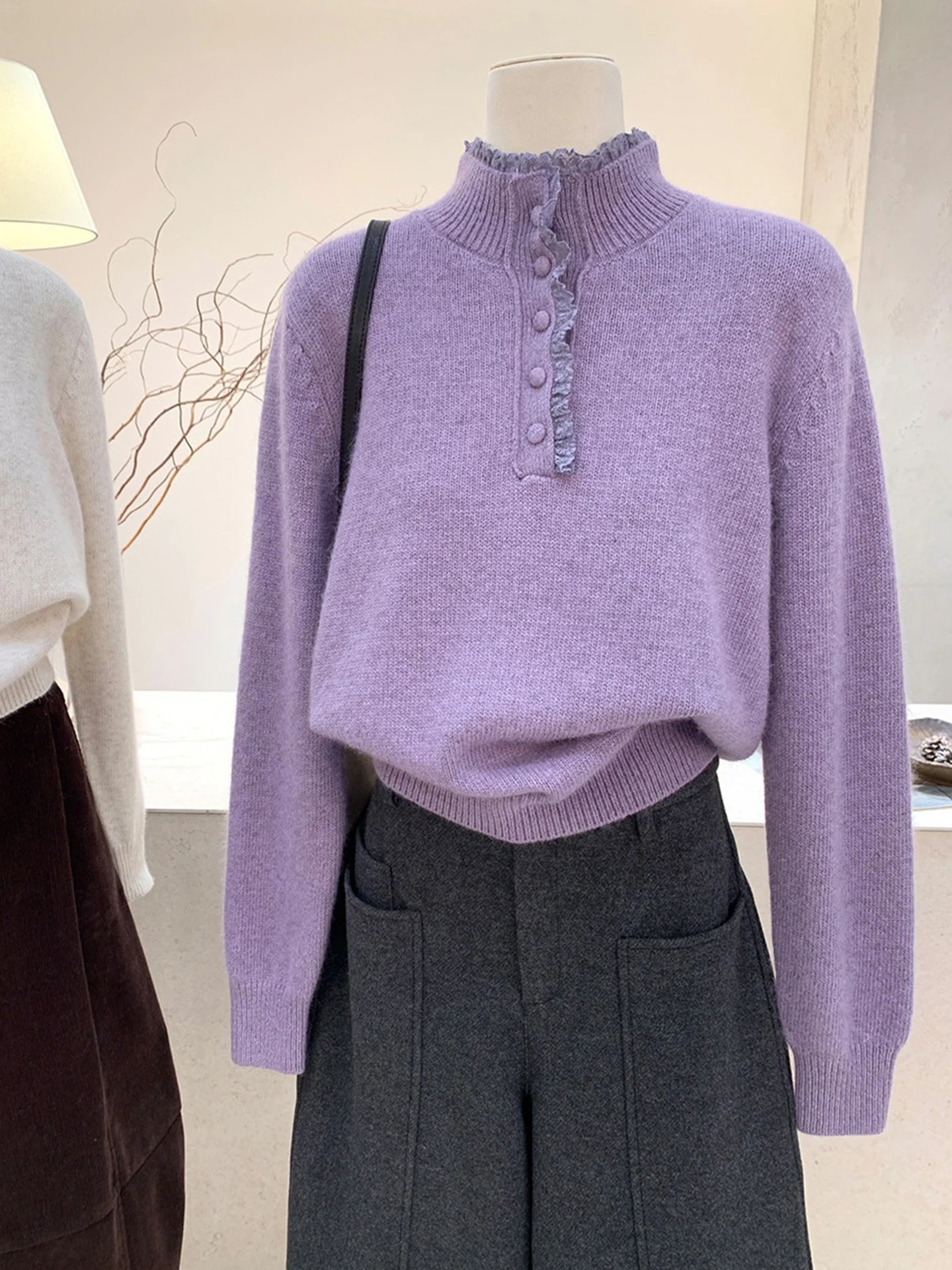 Fashionable Soft Lace Cashmere Knitted Sweater Long Sleeve Comfortable Elegant Style Korean Loose Fit Daily Wear Women's Top