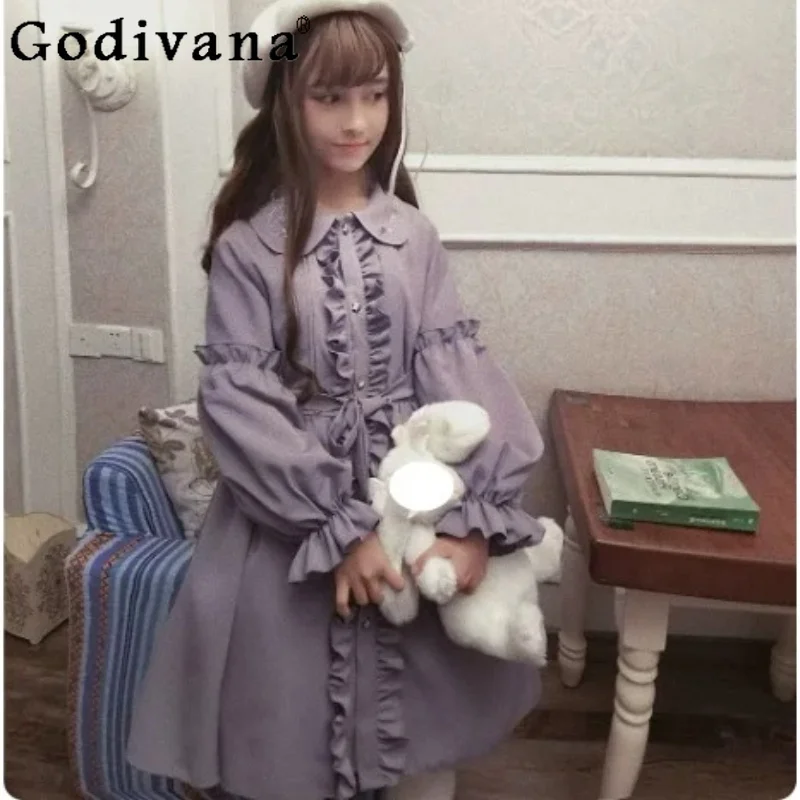 Spring Sweet Lolita Court Vintage Blue Peter Pan Collar Dress Fashion Versatile Age Reduction Long Sleeve Ruffles Loose Dresses