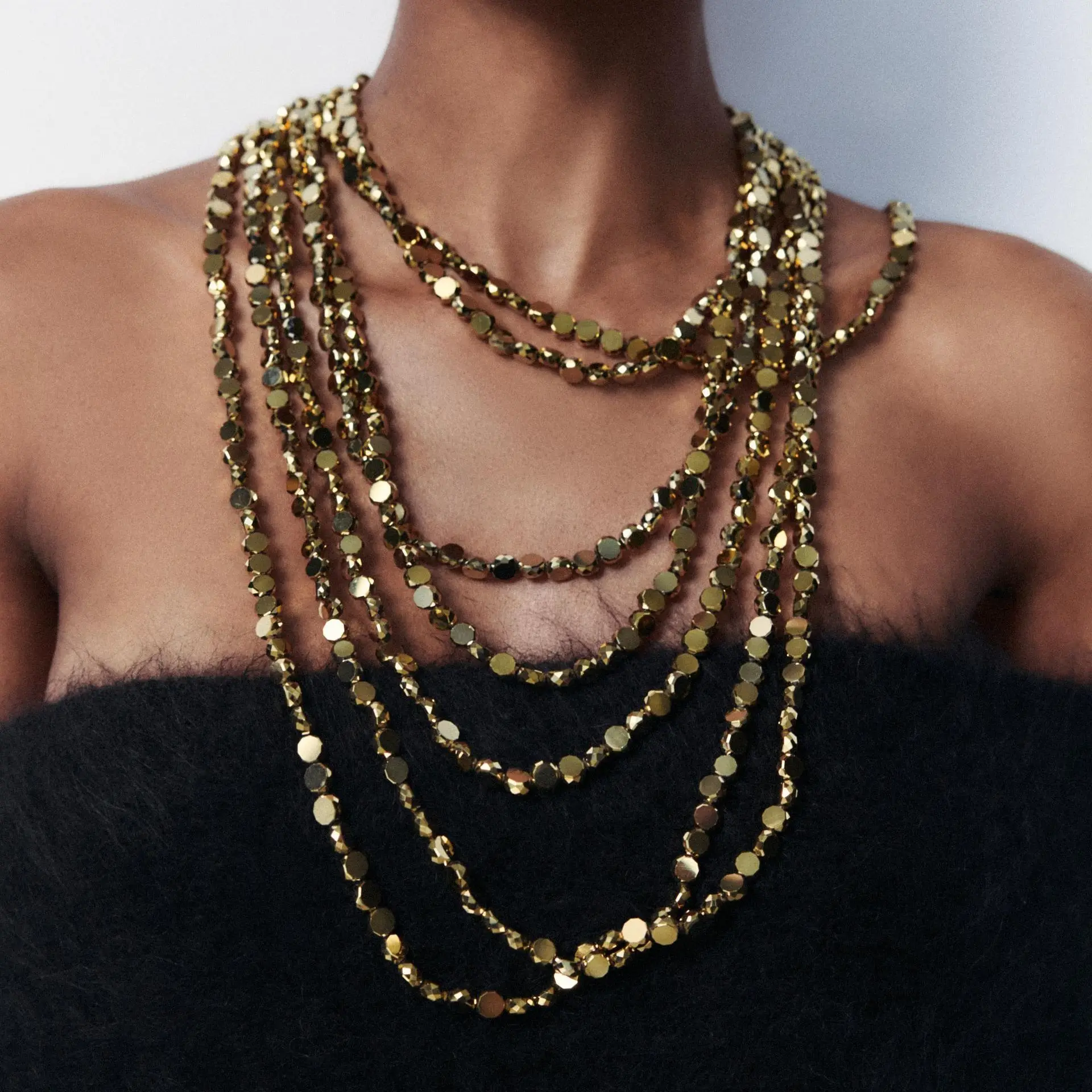 New Trending Multi Layer Golden Beads Bib Necklace for Women European American Exaggerated Hip-hop Necklace Jewelry Accessories